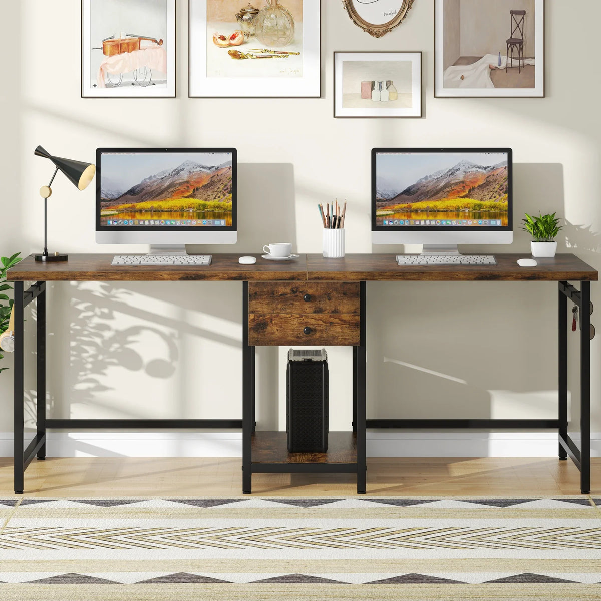 78.74’’ Two Person Desk with 2 Drawers, Long Double Computer Desk Gaming Table with Shelves