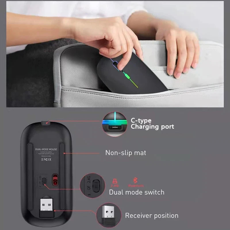 Wireless Mouse 2.4Ghz Bluetooth Rechargeable Mouse Quiet Ergonomic Gaming Mouse with USB Backlight 1600DPI Mouse for PC Laptops