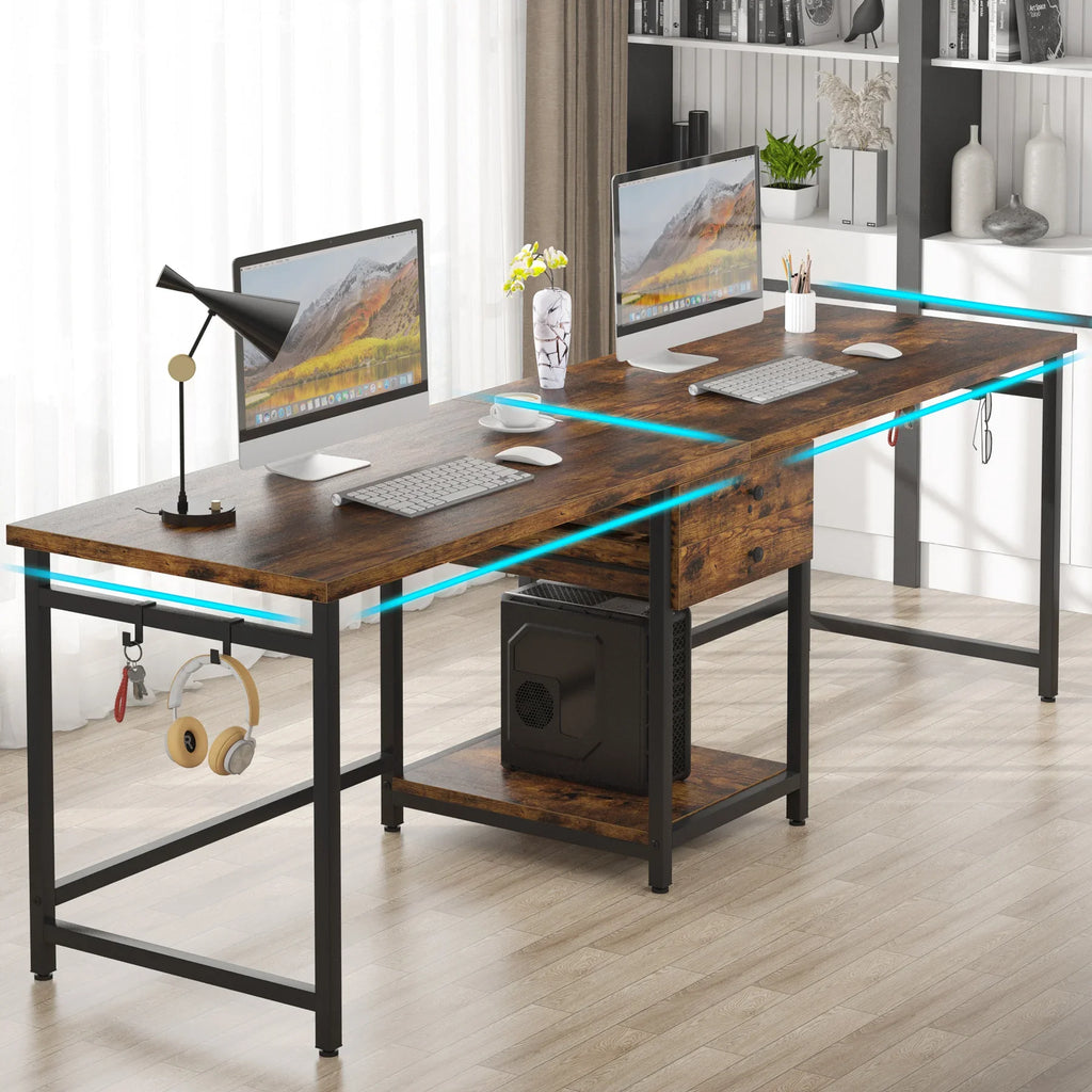 78.74’’ Two Person Desk with 2 Drawers, Long Double Computer Desk Gaming Table with Shelves