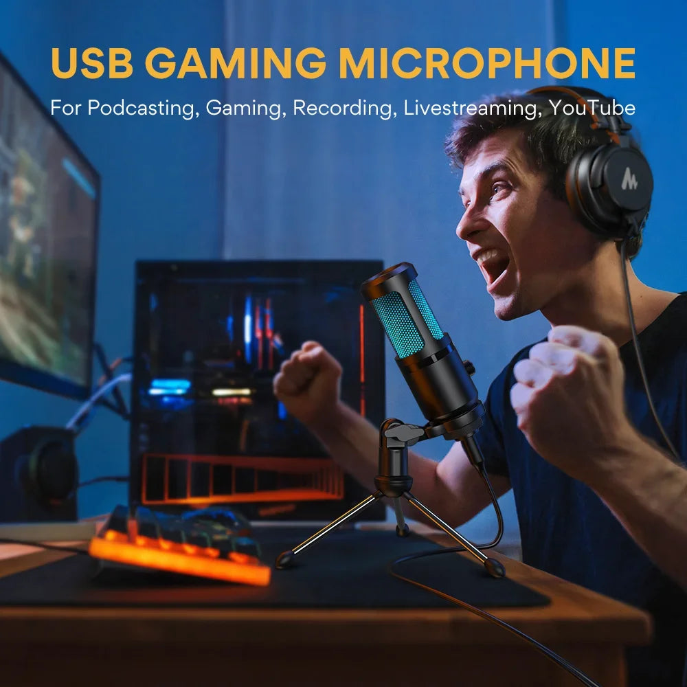 -MAONO New RGB Gaming Microphone with Mic Gain Desktop Microfone Podcast Microfono USB Microphone for Gamer Gaming Microphones