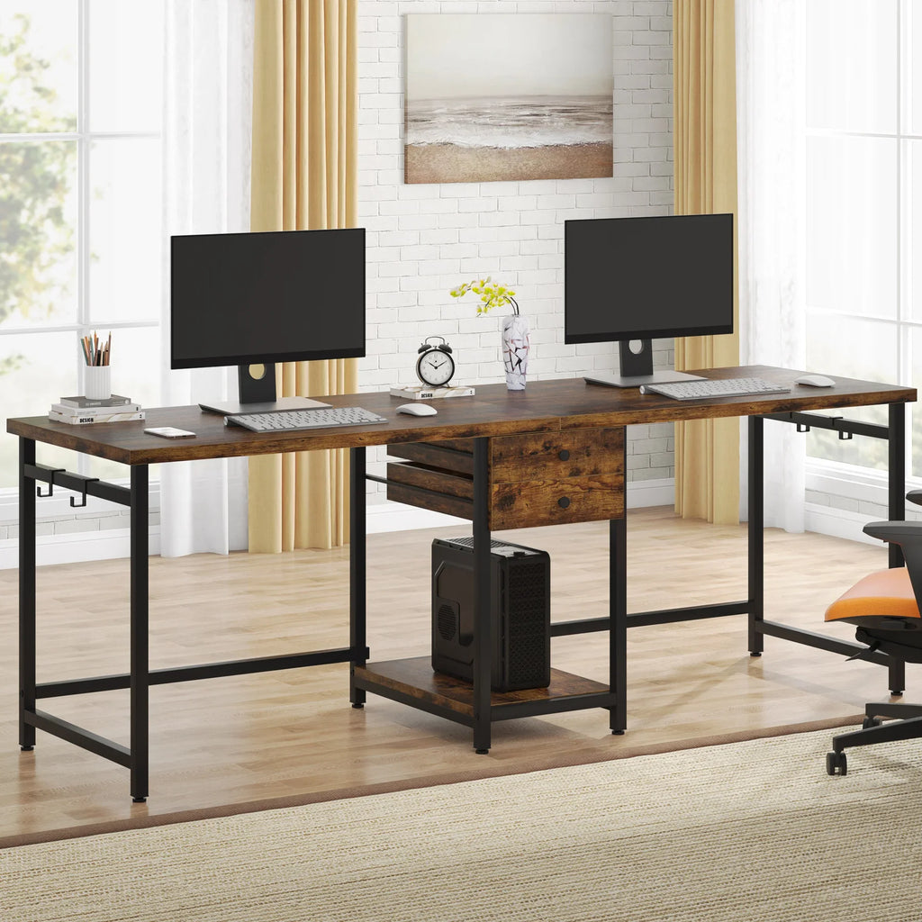 78.74’’ Two Person Desk with 2 Drawers, Long Double Computer Desk Gaming Table with Shelves