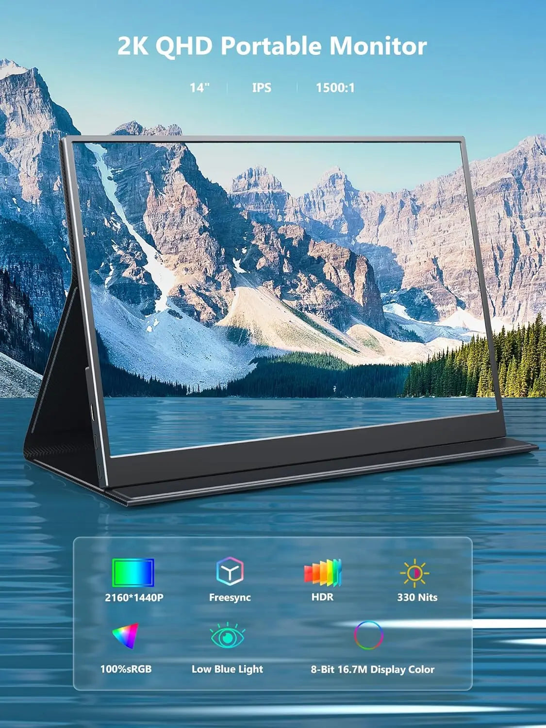 14" 2K Portable Monitor Ultra Slim Laptop Second Gaming Screen 2160 * 1440 QHD PC External Display with Dual Speakers