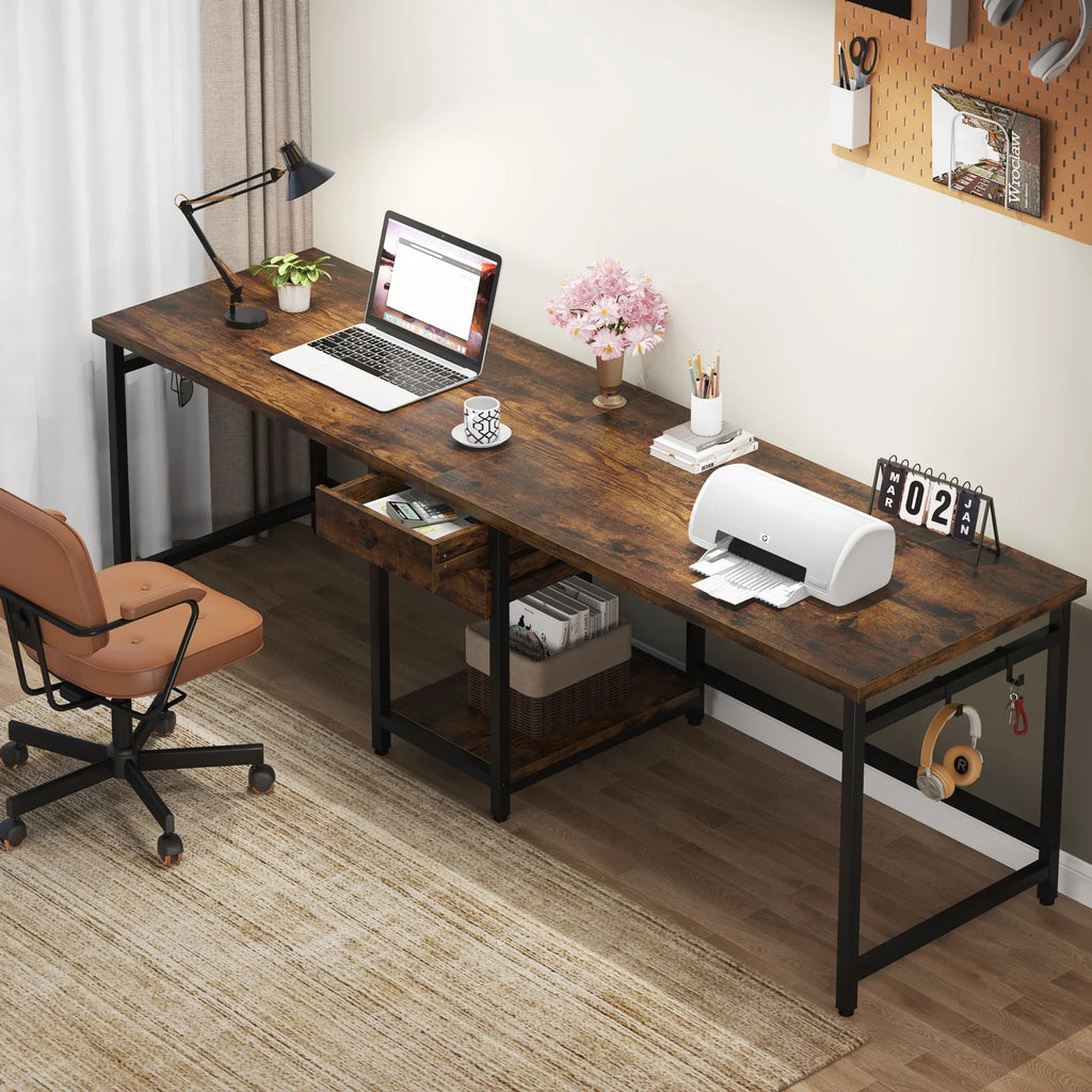 78.74’’ Two Person Desk with 2 Drawers, Long Double Computer Desk Gaming Table with Shelves
