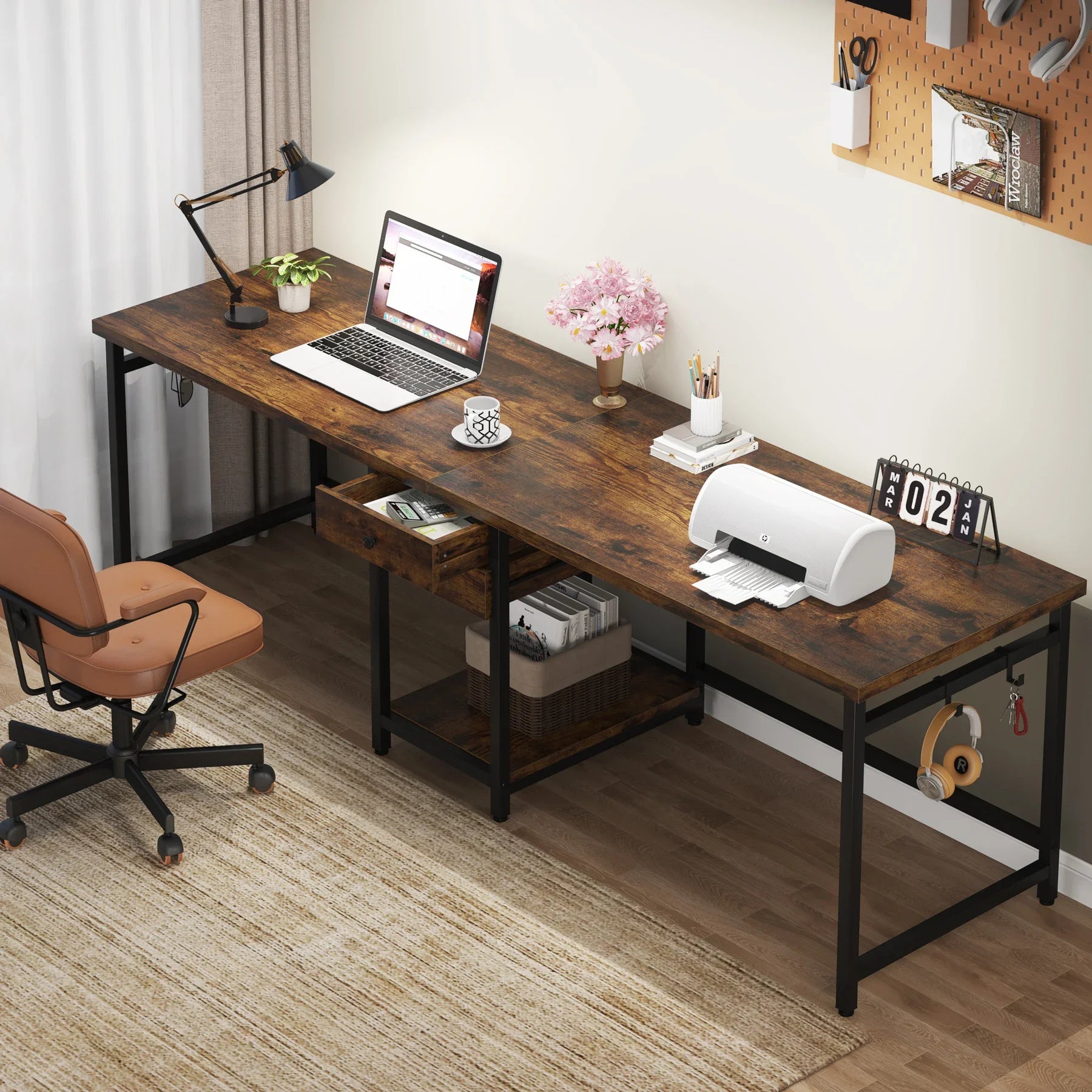 78.74’’ Two Person Desk with 2 Drawers, Long Double Computer Desk Gaming Table with Shelves