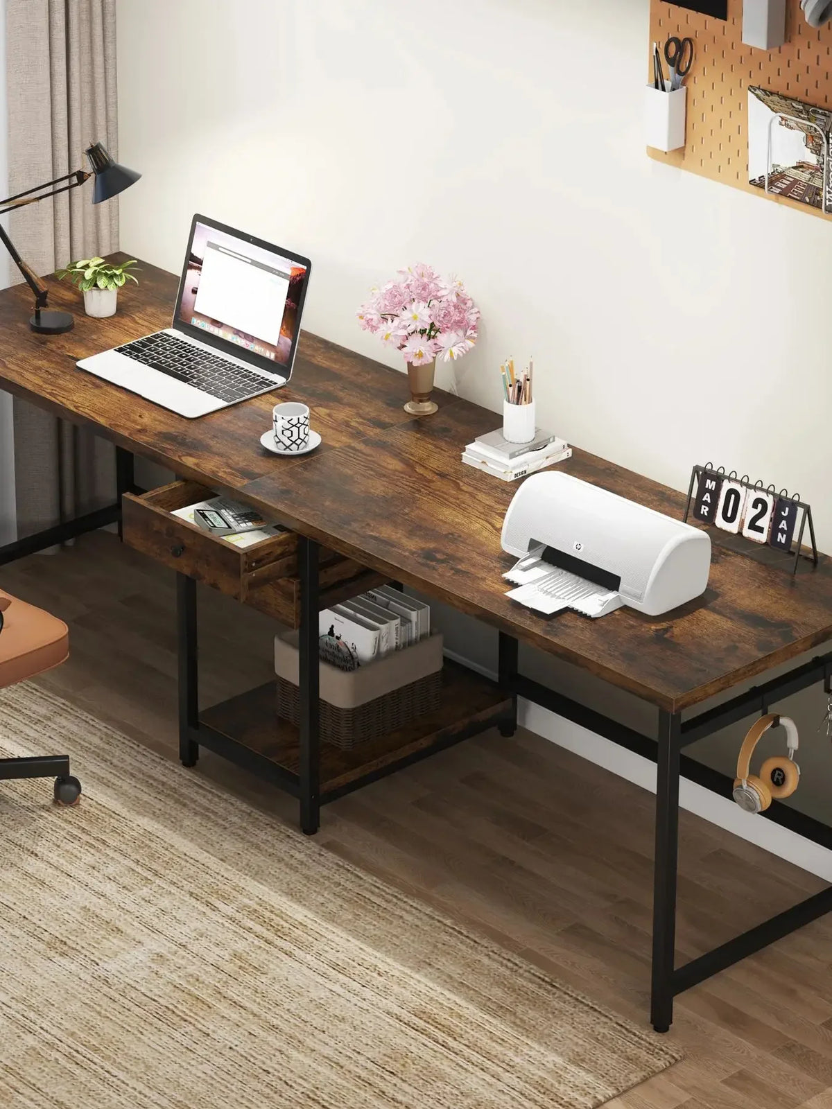 78.74’’ Two Person Desk with 2 Drawers, Long Double Computer Desk Gaming Table with Shelves