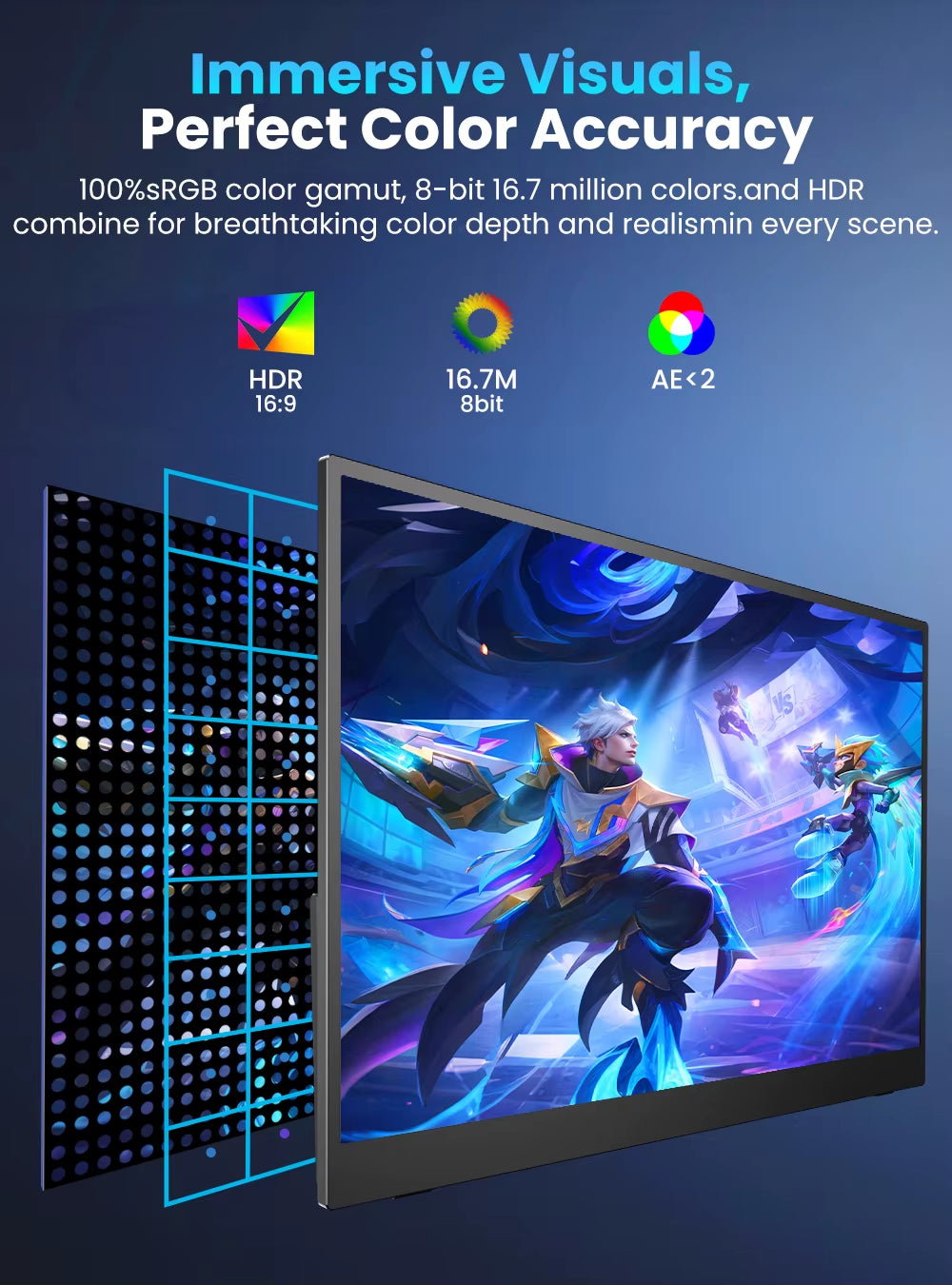 17.3 Inch 2K 144Hz Portable Gaming Monitor 2560X1440 HDR Freesync IPS Display for PC Mac Phone Game Console Steam Deck