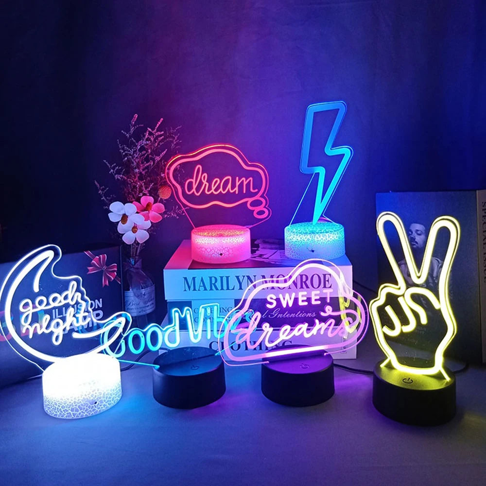 3D LED Night Light Room Decor Good Vibes Dream Open Hello Flash Neon Sign Table Lamp for Home Party Wedding Decor 7/16 Colors