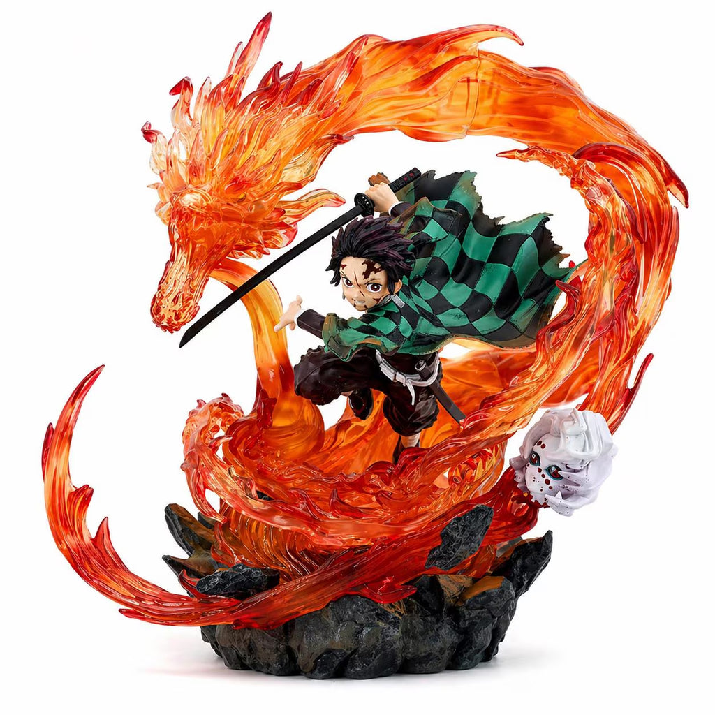 Anime Flame Swordsman Figure: Dragon Effect Statue, High Detail Resin PVC Display