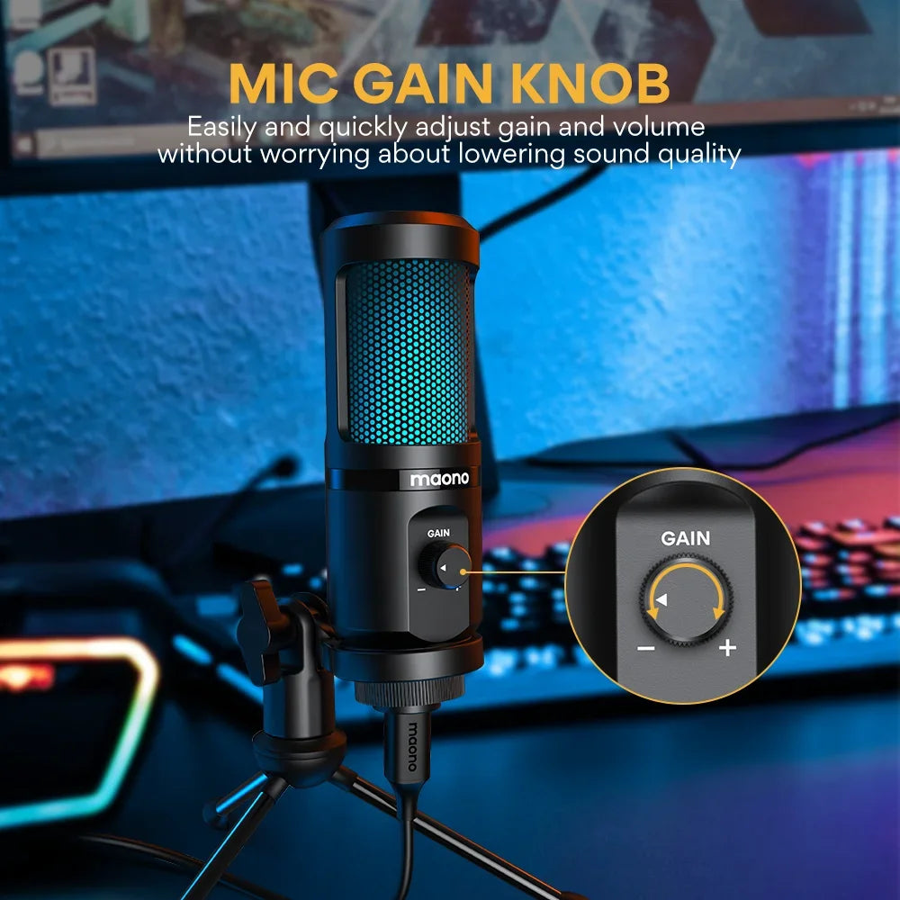 -MAONO New RGB Gaming Microphone with Mic Gain Desktop Microfone Podcast Microfono USB Microphone for Gamer Gaming Microphones