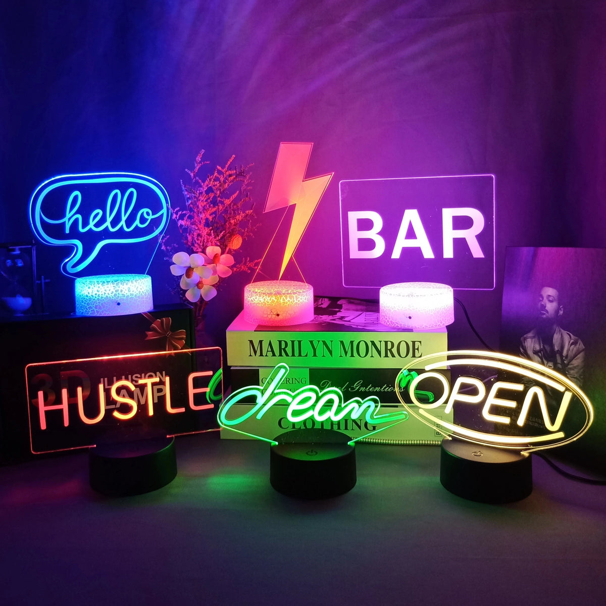 3D LED Night Light Room Decor Good Vibes Dream Open Hello Flash Neon Sign Table Lamp for Home Party Wedding Decor 7/16 Colors
