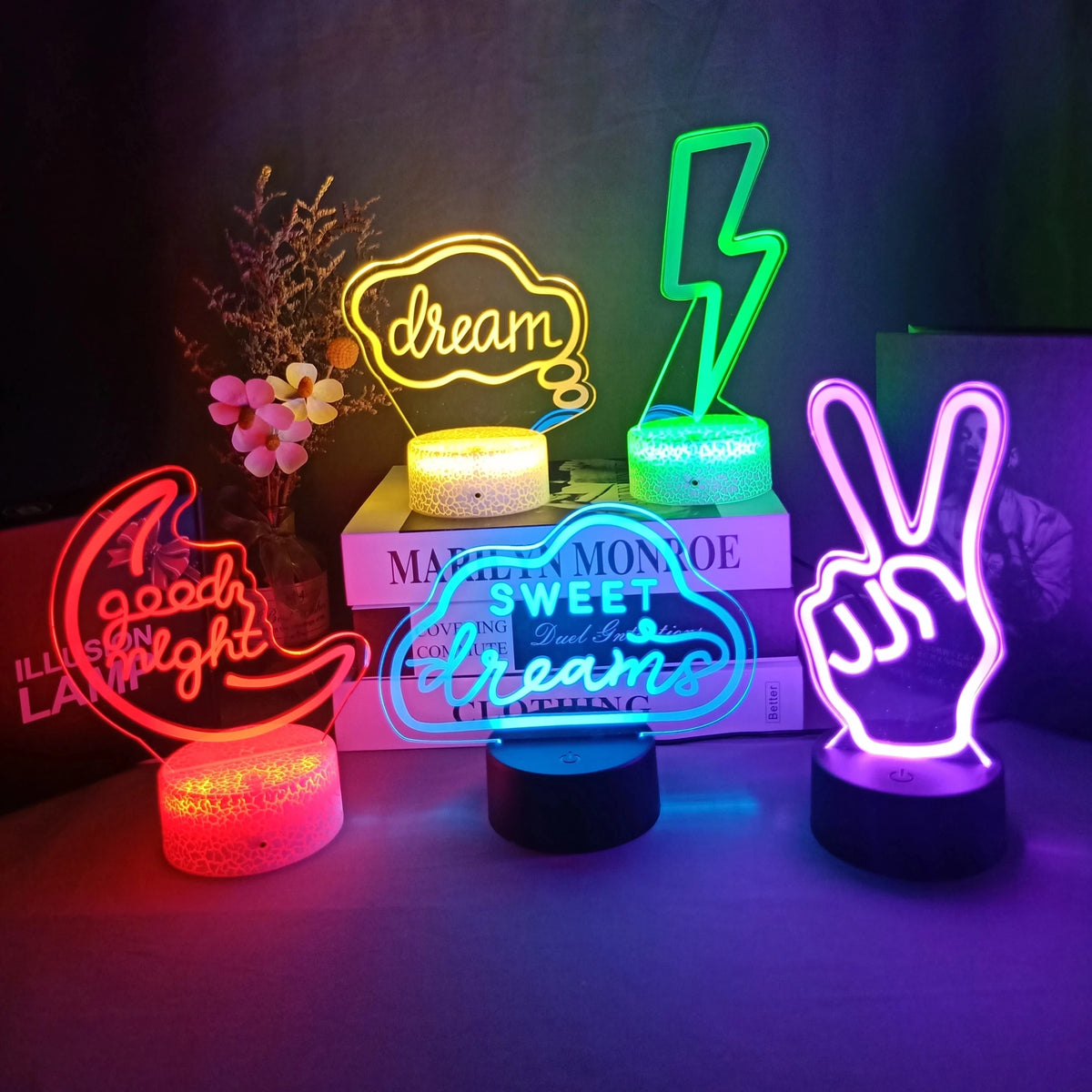 3D LED Night Light Room Decor Good Vibes Dream Open Hello Flash Neon Sign Table Lamp for Home Party Wedding Decor 7/16 Colors