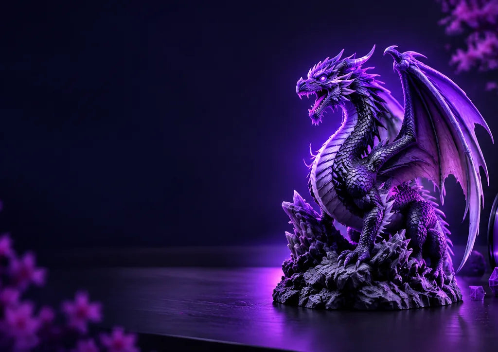 Statuetta di drago stampata in 3D su fondo viola