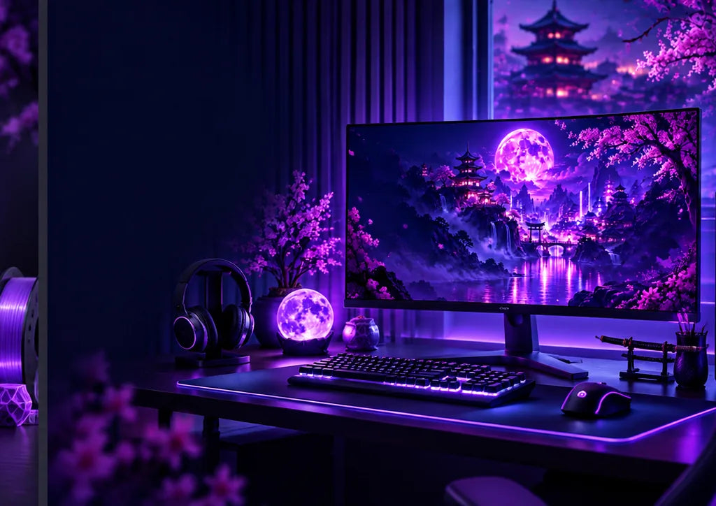 Monitor, tastiera e mouse su una scrivania illuminata al neon