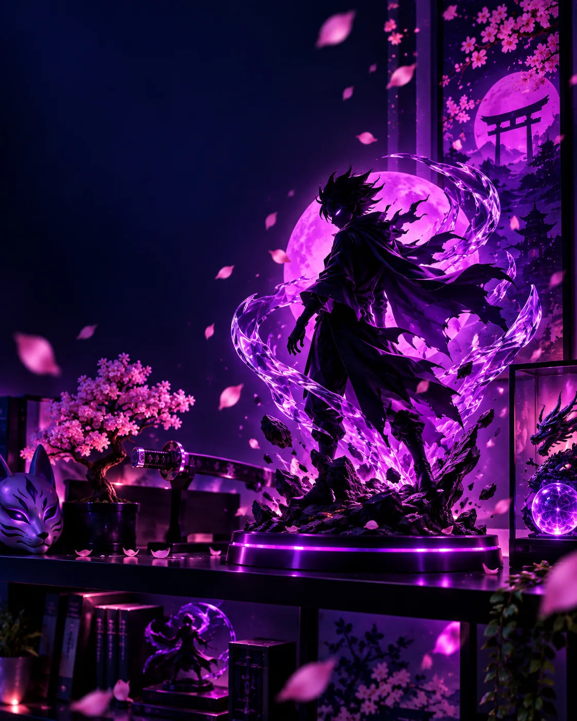 Personaggio in stile anime tra fiori di ciliegio e un torii illuminato