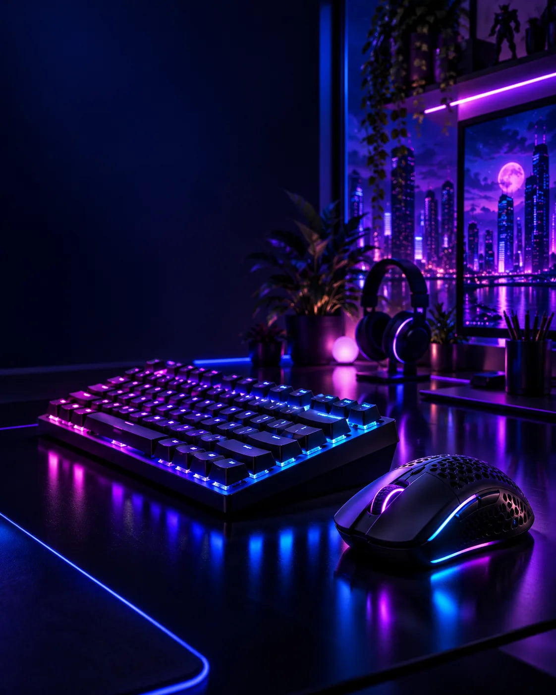 Tastiera e mouse da gaming illuminati in una stanza al neon