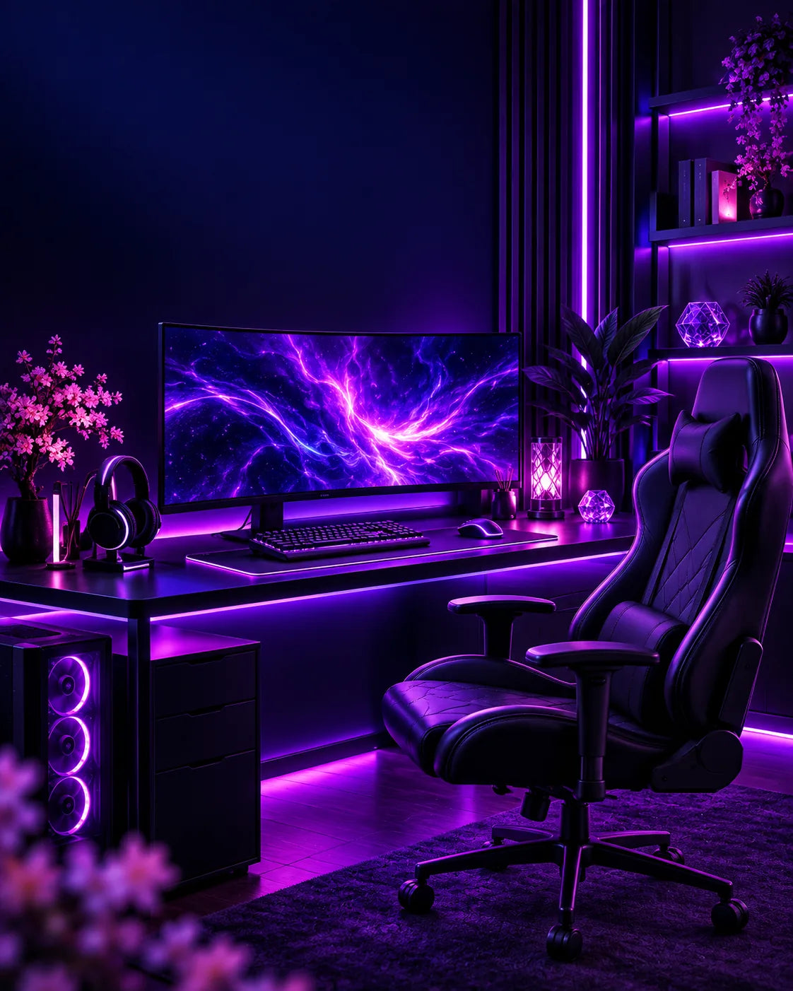 Scrivania con monitor ultrawide, sedia da gaming e luci al neon