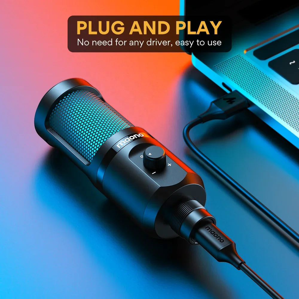 -MAONO New RGB Gaming Microphone with Mic Gain Desktop Microfone Podcast Microfono USB Microphone for Gamer Gaming Microphones