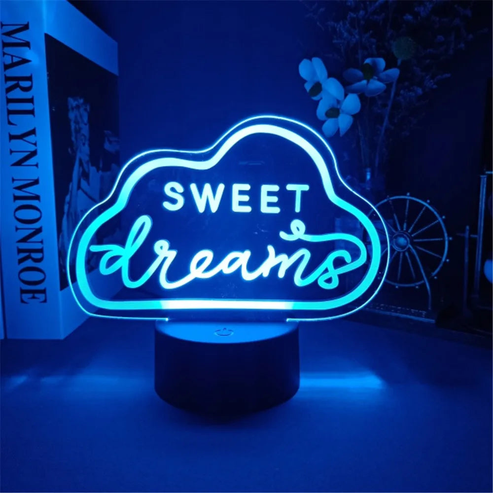 3D LED Night Light Room Decor Good Vibes Dream Open Hello Flash Neon Sign Table Lamp for Home Party Wedding Decor 7/16 Colors