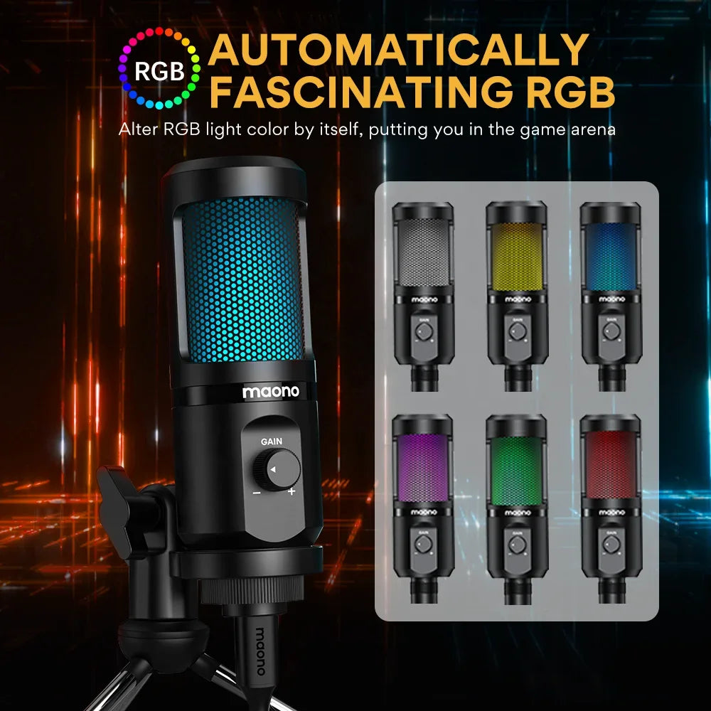 -MAONO New RGB Gaming Microphone with Mic Gain Desktop Microfone Podcast Microfono USB Microphone for Gamer Gaming Microphones