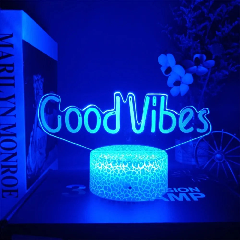 3D LED Night Light Room Decor Good Vibes Dream Open Hello Flash Neon Sign Table Lamp for Home Party Wedding Decor 7/16 Colors