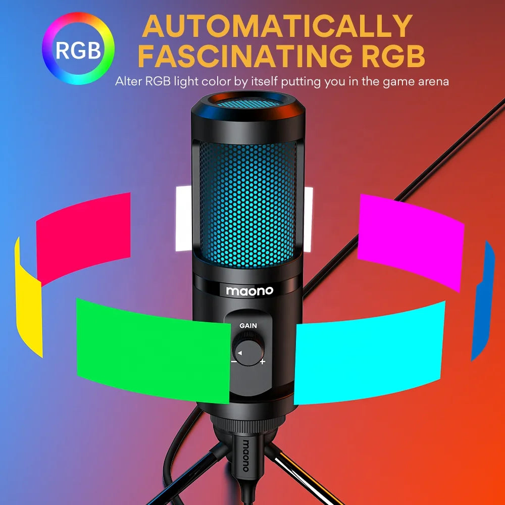 -MAONO New RGB Gaming Microphone with Mic Gain Desktop Microfone Podcast Microfono USB Microphone for Gamer Gaming Microphones