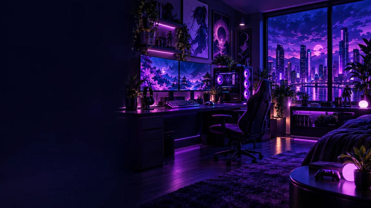 Stanza da gaming con scrivania, poltrona e luci al neon viola davanti allo skyline notturno