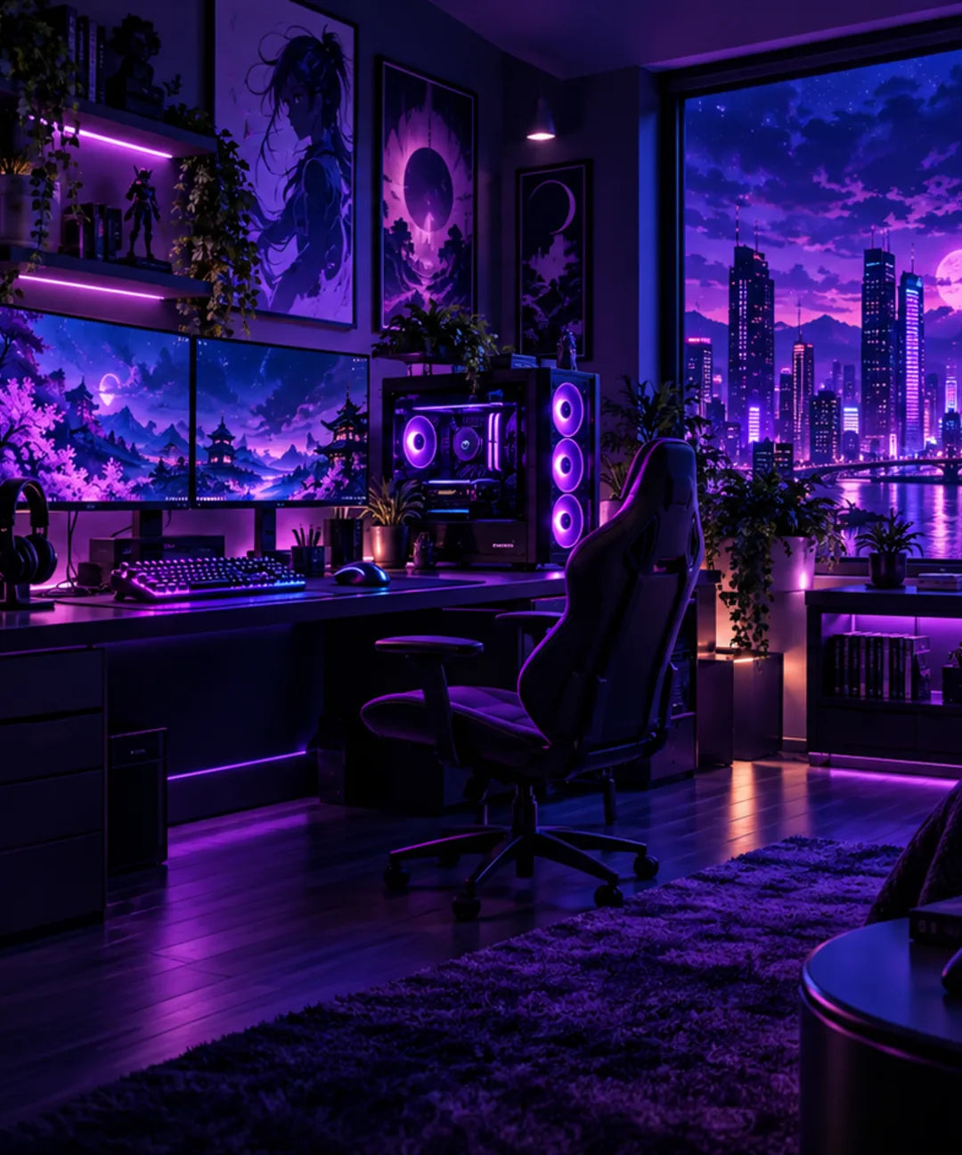 Postazione gaming verticale con PC, poltrona e luci al neon viola